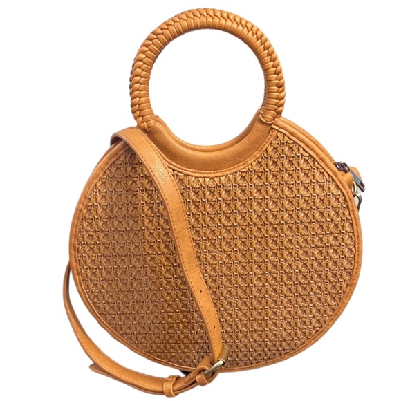 Anthropologie Handbags - Anthropologie Woven Circle Satchel Women's Cognac Brown Round Cross Body Bag